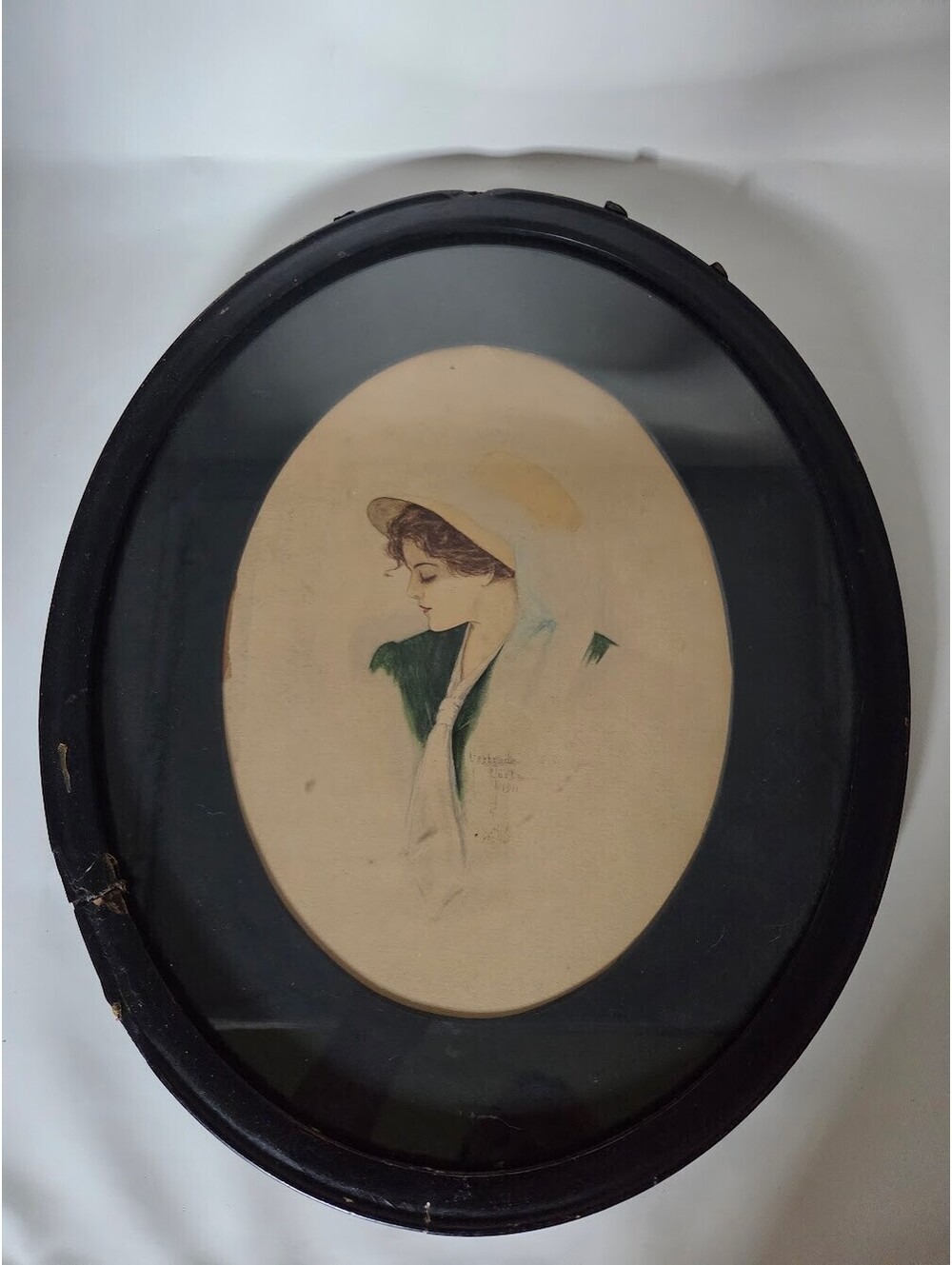 1911 Gertrude Gurtz Portrait Drawing Oval Glass Frame Woman Profile Hat